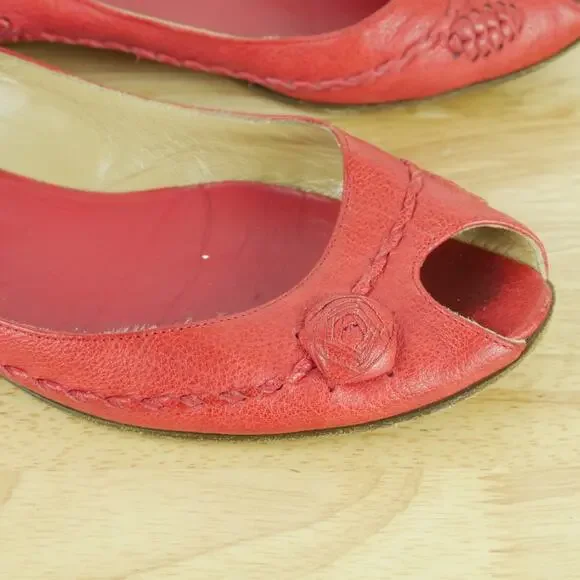 Valentino Garavani 38 Shoes Slip On Ballet Flats Peep Toe Red Leather Luxury - Picture 4 of 16